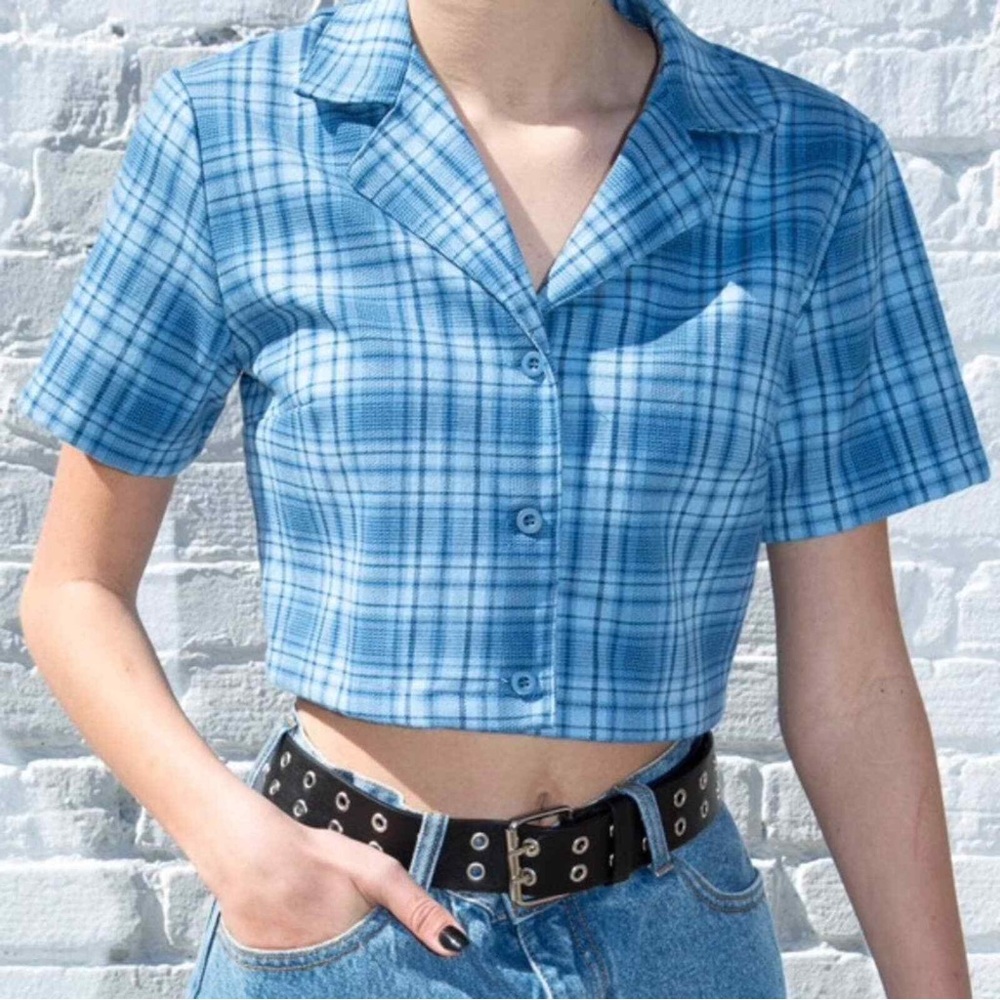 Brandy Melville Cropped Vivian Top Plaid Collared Top in Blue